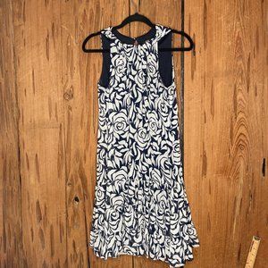MSK Women’s Dress M Blue White Sleeveless Round Neck 2 Tier Ruffled Hem Lined